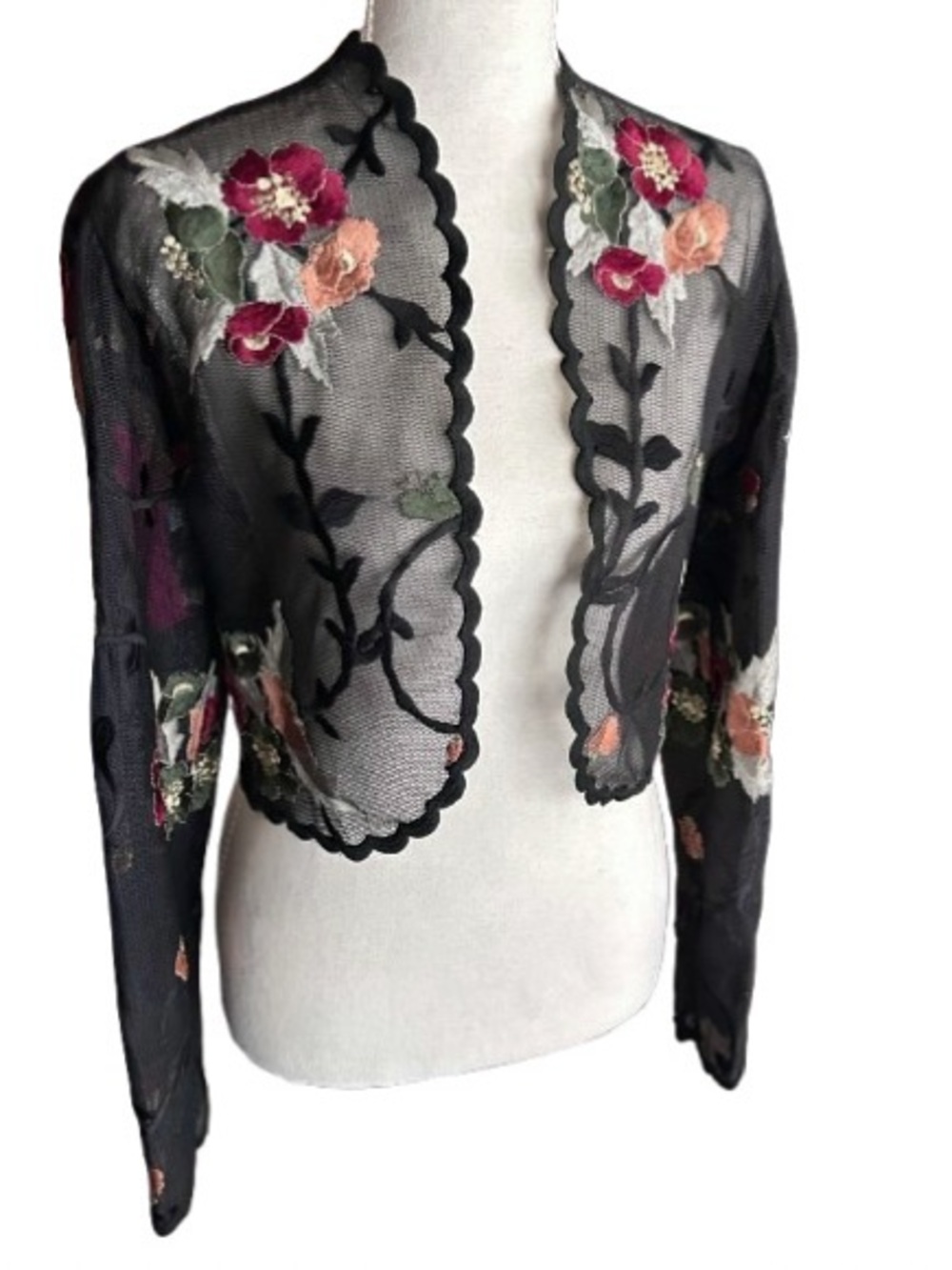 Vintage Embroidered Mesh El-Ana Floral Bolero Jacket Scalloped Trim Illusion